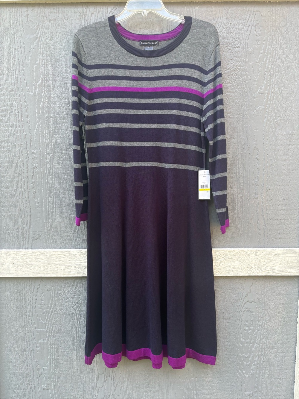 Jessica Howard  Navy Blue, Fuchsia Bright Pink & Gray Striped Knit Dress